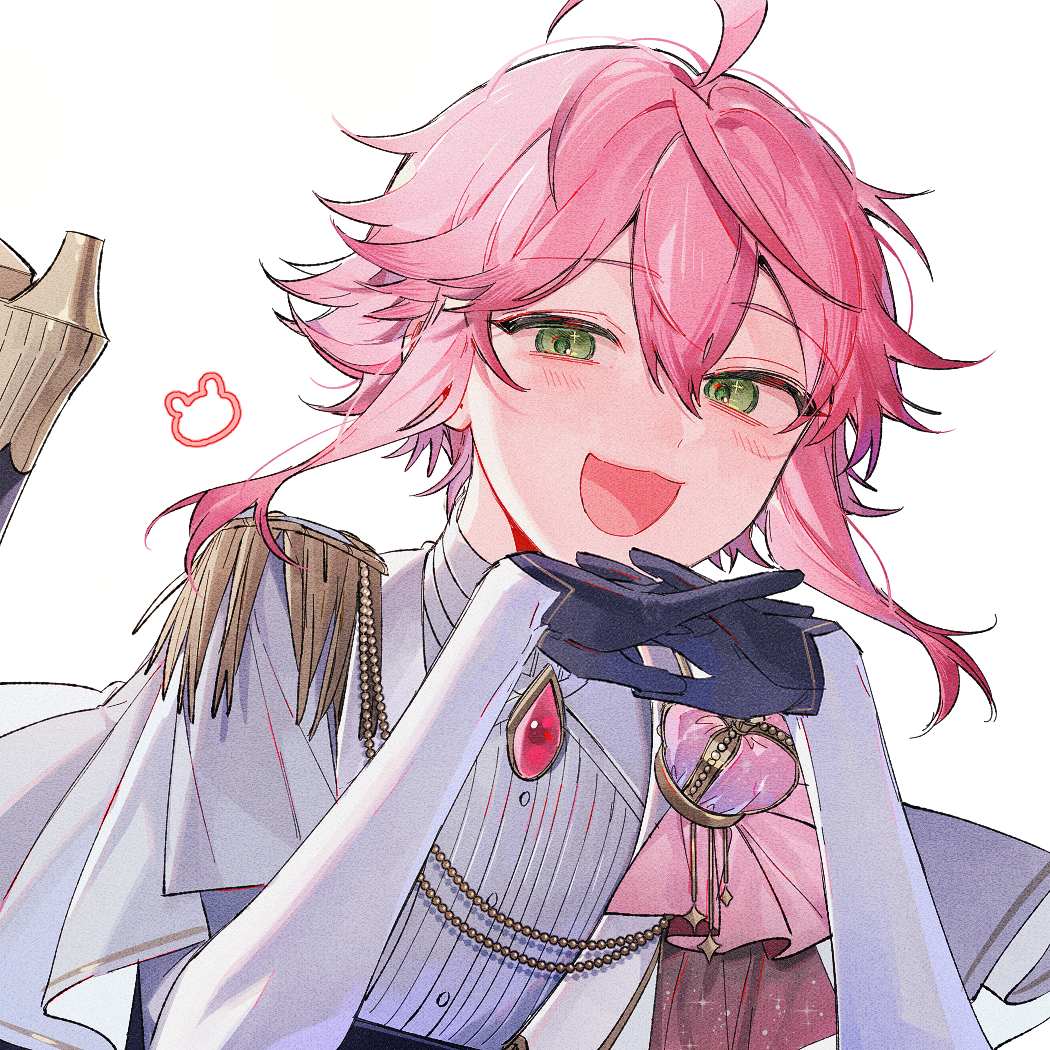 1boy ahoge anight black_gloves crown ensemble_stars! gloves green_eyes hair_between_eyes himemiya_tori long_sleeves looking_at_viewer lying male_focus mini_crown official_alternate_costume on_stomach open_mouth own_hands_together pink_hair red_brooch short_hair simple_background smile the_pose white_background