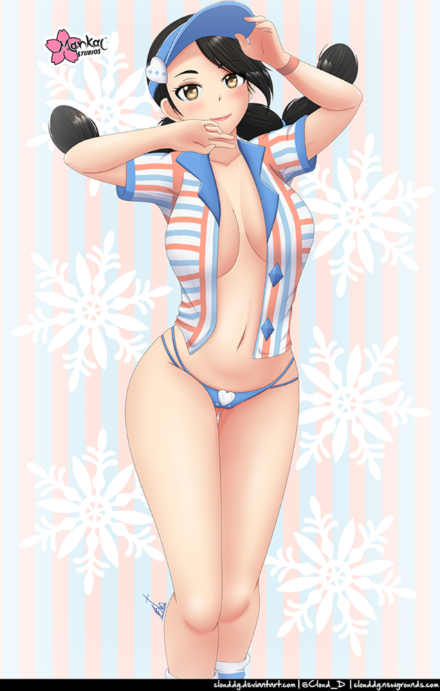 1girl black_hair blush breasts brown_eyes candice_(palentine&#039;s_2024)_(pokemon) candice_(pokemon) cloud_dg hat large_breasts lips long_hair multi-tied_hair nintendo open_clothes open_shirt panties pokemon pokemon_masters_ex short_sleeves underwear waitress