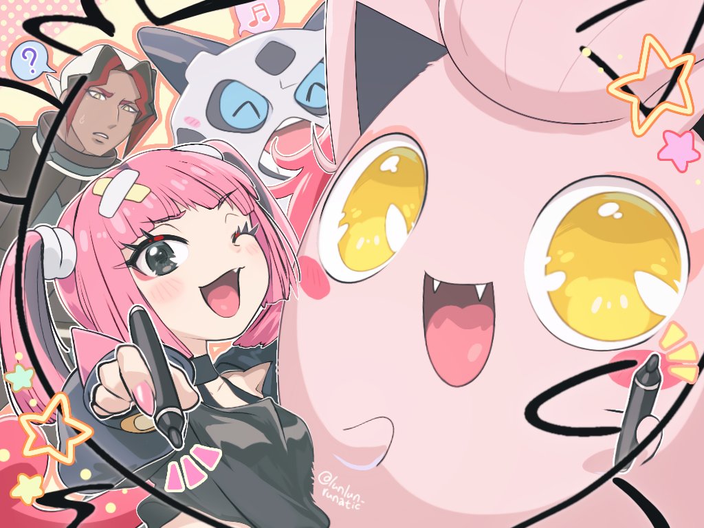 1boy 1girl black_eyes black_shirt blue_eyes blush coral_(pokemon) dark-skinned_male dark_skin eyelashes fang fangs gen_3_pokemon glalie grey_eyes hair_ornament holding holding_pen horns jacket long_sleeves looking_at_viewer multicolored_hair navel nintendo off_shoulder one_eye_closed open_mouth pen pink_hair pokemon pokemon_(anime) pokemon_(creature) pokemon_horizons runachikku scream_tail shirt sidian_(pokemon) sleeves_past_fingers sleeves_past_wrists smile teeth twintails yellow_eyes