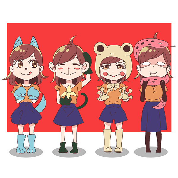 4girls animal_ears animal_hat asphyxiation banana blush_stickers boots brown_hair commentary cosplay dog_ears dog_tail food fruit gamagoori_ira gamagoori_ira_(cosplay) gloves hat higuchi_(trigger) inumuta_houka inumuta_houka_(cosplay) jakuzure_nonon jakuzure_nonon_(cosplay) kill_la_kill monkey_ears monkey_tail multiple_girls multiple_persona official_art pantyhose parody sanageyama_uzu sanageyama_uzu_(cosplay) short_hair snake strangling tail trigger_(company)