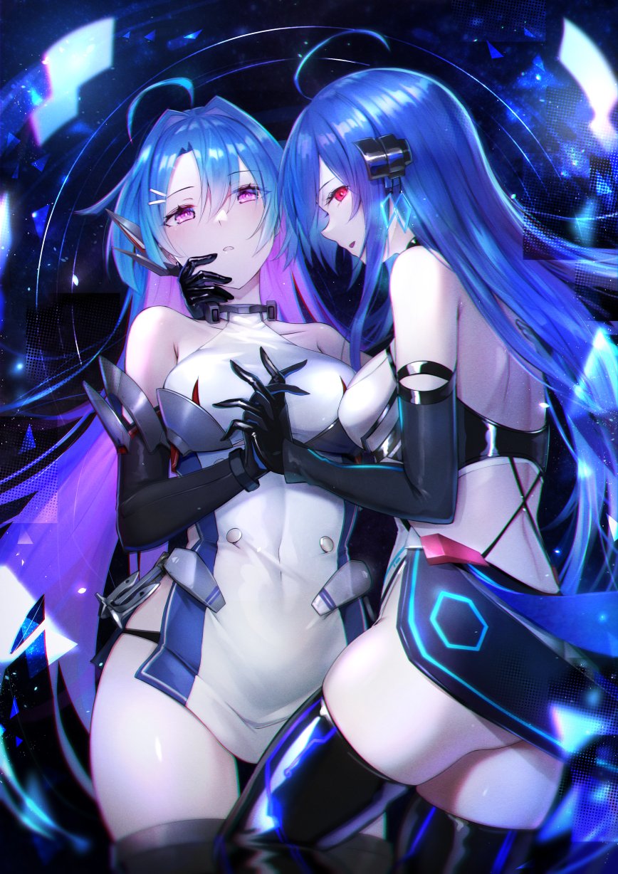 2girls ahoge armpit_crease ass azur_lane back_cutout bare_shoulders black_footwear black_gloves black_panties black_thighhighs blue_hair boots breasts clothing_cutout dual_persona elbow_gloves gloves hand_on_another&#039;s_face helena_(azur_lane) helena_(meta)_(azur_lane) helena_(retrofit)_(azur_lane) highres holding_hands interlocked_fingers kai_(esugi) long_hair looking_at_another looking_at_viewer medium_breasts multicolored_hair multiple_girls panties purple_eyes purple_hair red_eyes tabard thigh_boots thighhighs thighs two-tone_hair underwear