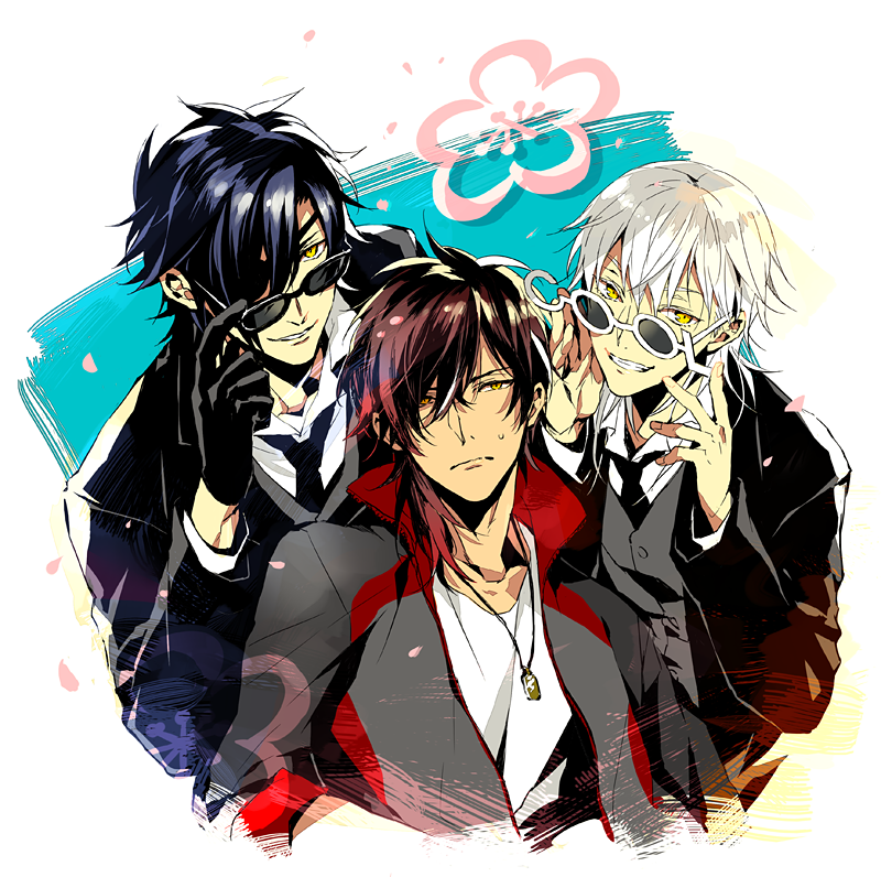 10s 3boys adjusting_eyewear akke_(akke299) alternate_costume bad_id bad_pixiv_id black_gloves dark-skinned_male dark_skin eyepatch glasses gloves jewelry male_focus multiple_boys necklace necktie ookurikara shokudaikiri_mitsutada silver_hair sunglasses touken_ranbu touken_ranbu:_hanamaru tsurumaru_kuninaga yellow_eyes