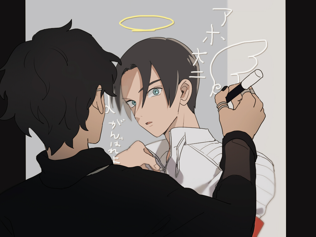 2boys angel_and_devil angel_wings aqua_eyes armband azkn black_background black_hair black_shirt black_tail black_vs_white blue_eyes darkness dual_persona fenix_uniform igarashi_daiji jacket kagerou_(kamen_rider_revice) kamen_rider kamen_rider_revice light looking_back military military_uniform mirror_image multiple_boys pants reflection shirt symbolism white_background white_jacket white_shirt white_wings wings
