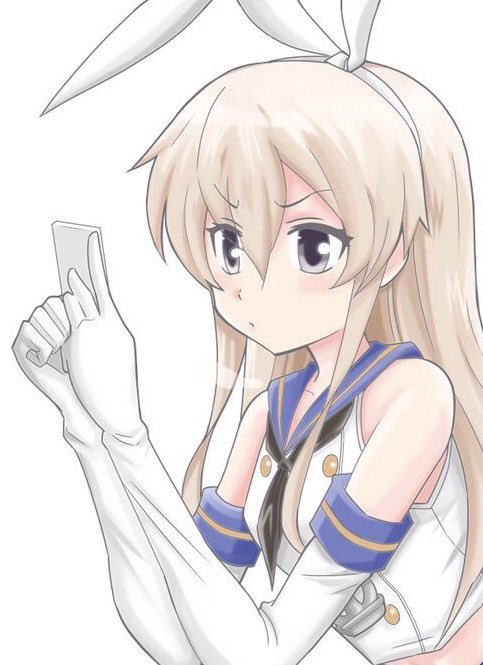 1girl anchor_hair_ornament animal_ears blonde_hair cellphone commentary_request elbow_gloves fake_animal_ears female_focus gloves grey_eyes hair_between_eyes hair_ornament hairband holding holding_phone inoue_kousei kantai_collection long_hair neckerchief phone rabbit_ears school_uniform serafuku shimakaze_(kancolle) shirt sidelocks sleeveless sleeveless_shirt smartphone solo upper_body white_background