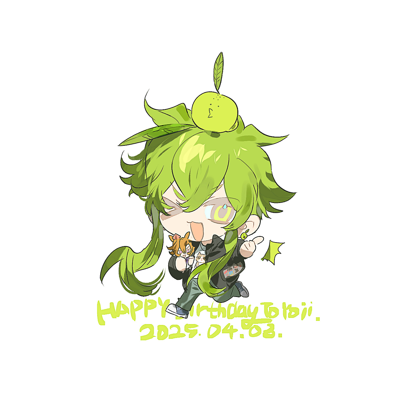 apple black_jacket chibi chibi_only food fruit green_apple green_eyes green_hair highres jacket one_eye_closed onitwo white_background