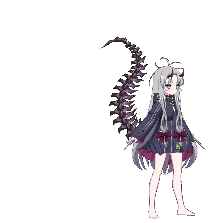 1girl :d ^_^ animated animated_gif antenna_hair armpit_cutout armpits arms_up bare_legs barefoot bow brown_eyes closed_eyes clothing_cutout counter:side dress floating_hair full_body game_cg grey_hair hair_bow hooded_dress horns long_hair long_sleeves looking_ahead nibble_(counter:side) official_art open_mouth purple_bow safety_pin sharp_teeth sidelocks simple_background smile solo spiked_tail standing stretching tail teeth transparent_background very_long_hair