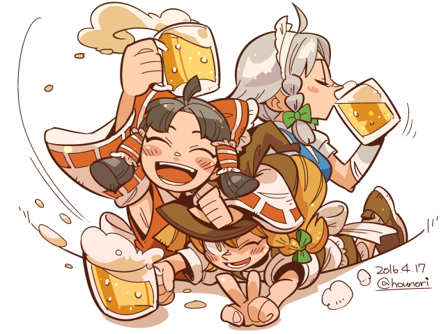 3girls alcohol beer beer_mug black_hair blonde_hair bow braid cup detached_sleeves drinking drunk closed_eyes hair_bow hair_tubes hakurei_reimu hat hat_bow hounori izayoi_sakuya kirisame_marisa long_hair maid maid_headdress mug multiple_girls ribbon side_braid silver_hair single_braid touhou twin_braids v witch_hat yellow_eyes