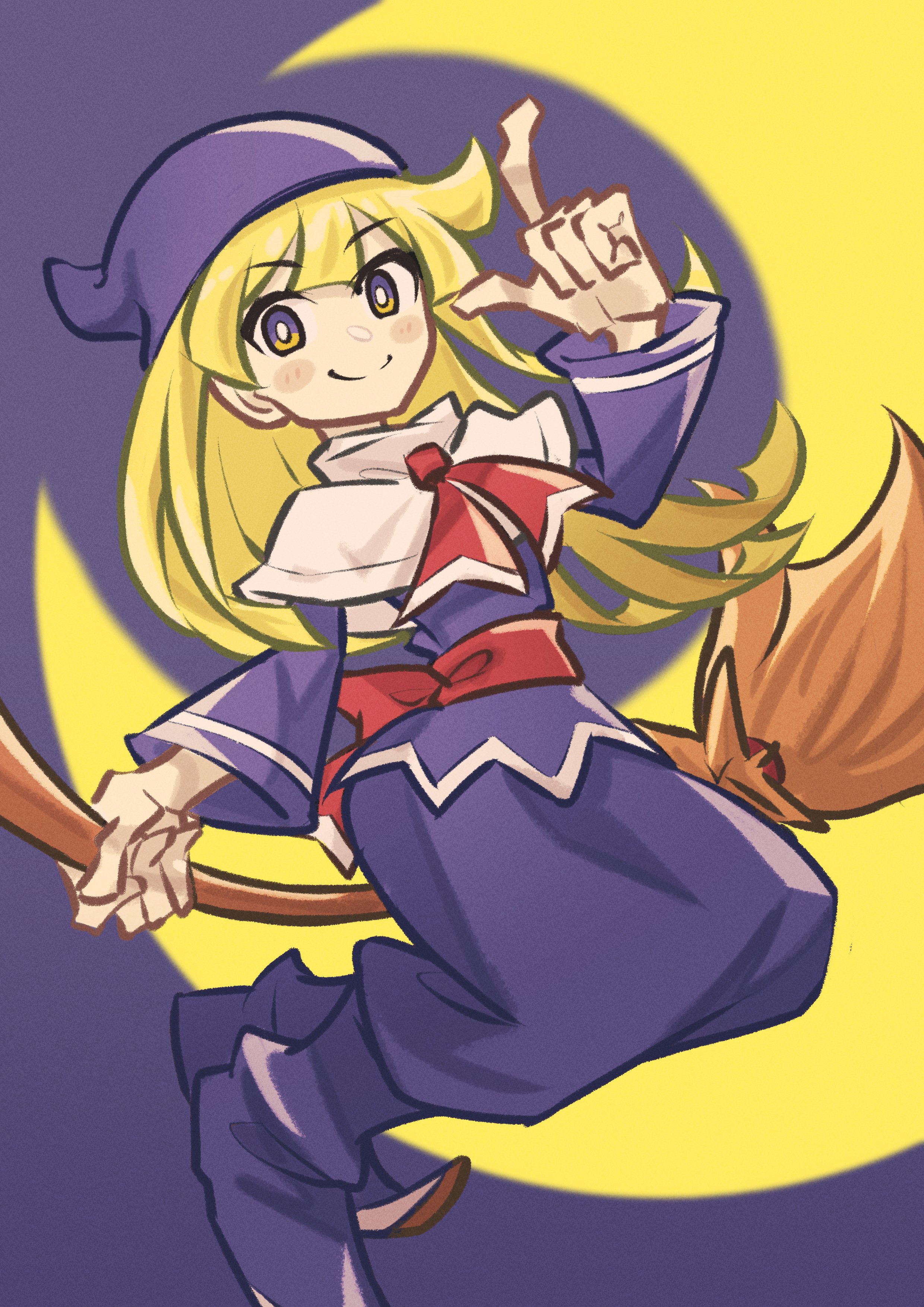 absurdres blonde_hair bright_pupils broom broom_riding capelet closed_mouth commentary_request crescent_moon full_body highres index_finger_raised long_hair looking_at_viewer moon multicolored_eyes neckerchief onozawa_(buresu21) purple_eyes purple_headwear purple_shirt purple_skirt puyopuyo red_neckerchief shirt skirt smile split_mouth white_capelet white_pupils witch_(puyopuyo) yellow_eyes