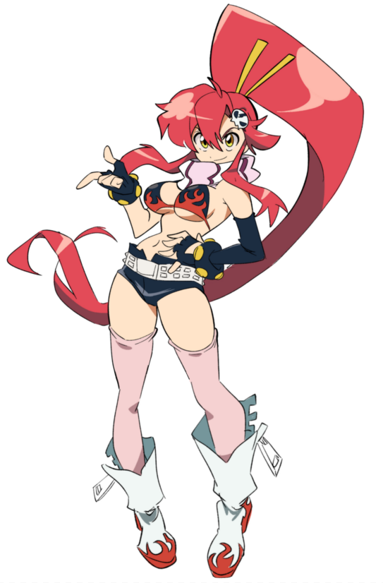 1prettyperidot belt bikini bikini_top_only boots breasts elbow_gloves fingerless_gloves flame_print fluffy_hair gloves hair_ornament hair_stick large_breasts osa_(osavocaloid) pink_thighhighs ponytail red_hair shorts sidelocks skull swimsuit tengen_toppa_gurren_lagann thighhighs white_boots yellow_eyes yoko_littner
