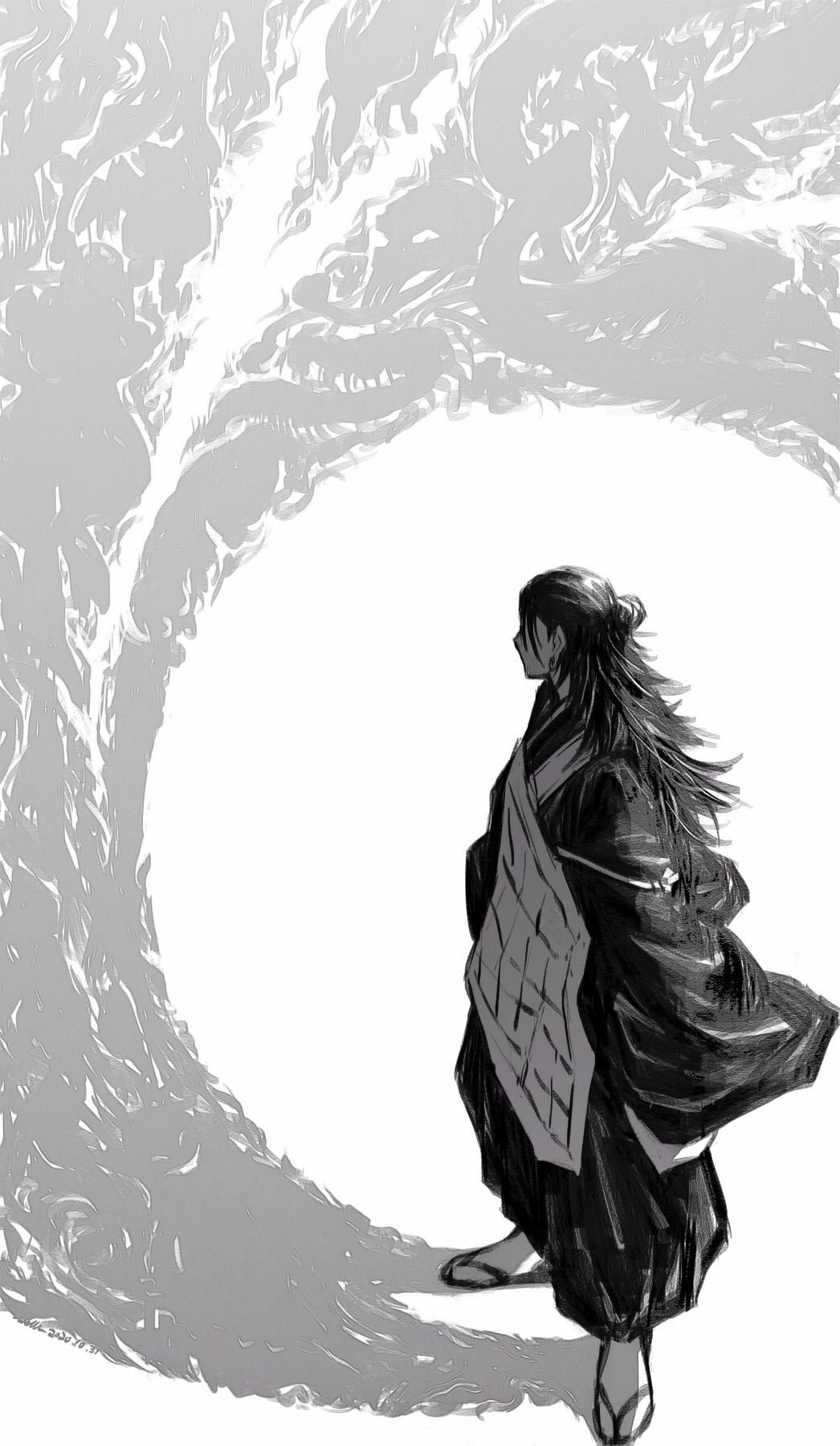 1boy different_shadow flipped_hair from_above getou_suguru greyscale hair_bun half_updo highres jujutsu_kaisen kesa long_hair long_sleeves looking_back male_focus monochrome monster robe sandals simple_background single_hair_bun sleeves_past_fingers sleeves_past_wrists solo_focus standing tabi welllllll wide_sleeves zouri