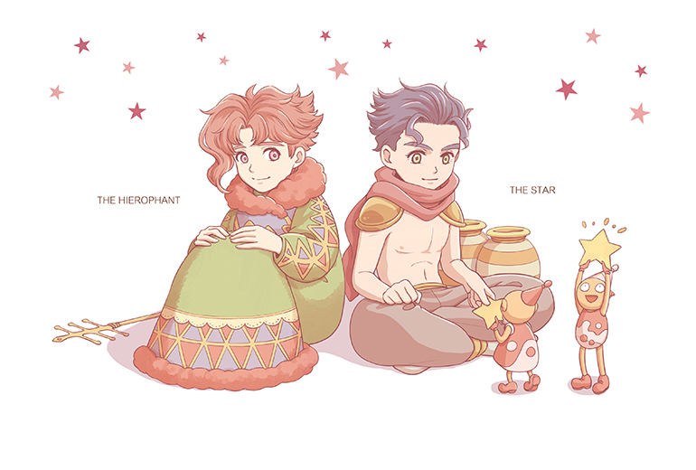 2boys armor black_hair card chibi fur-trimmed_robe fur_collar fur_trim green_eyes indian_style jojo_no_kimyou_na_bouken kakyoin_noriaki kuujou_joutarou lanxjourney multiple_boys muted_color pauldrons red_eyes red_hair red_scarf robe scarf shoulder_armor sitting smile staff stardust_crusaders tarot tarot_card the_hierophant_(tarot) the_star_(tarot) topless_male toy vase