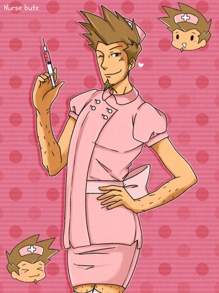 ace_attorney arm_hair blush brown_eyes brown_hair chibi crossdressing facial_hair goatee hand_on_own_hip hat holding holding_syringe larry_butz leg_hair male_focus non-web_source nurse nurse_cap one_eye_closed pink_background smirk spiked_hair syringe