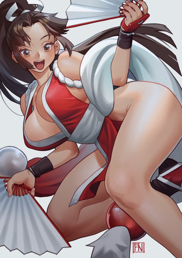 1girl arm_guards bare_shoulders bouncing_breasts breasts brown_eyes brown_hair cleavage curtained_hair fatal_fury folding_fan hand_fan hand_up high_ponytail holding holding_fan japanese_clothes large_breasts long_hair looking_at_viewer ninja obi open_mouth parted_bangs pelvic_curtain poch4n ponytail revealing_clothes sash shiranui_mai sideboob smile solo thighs white_background white_sash
