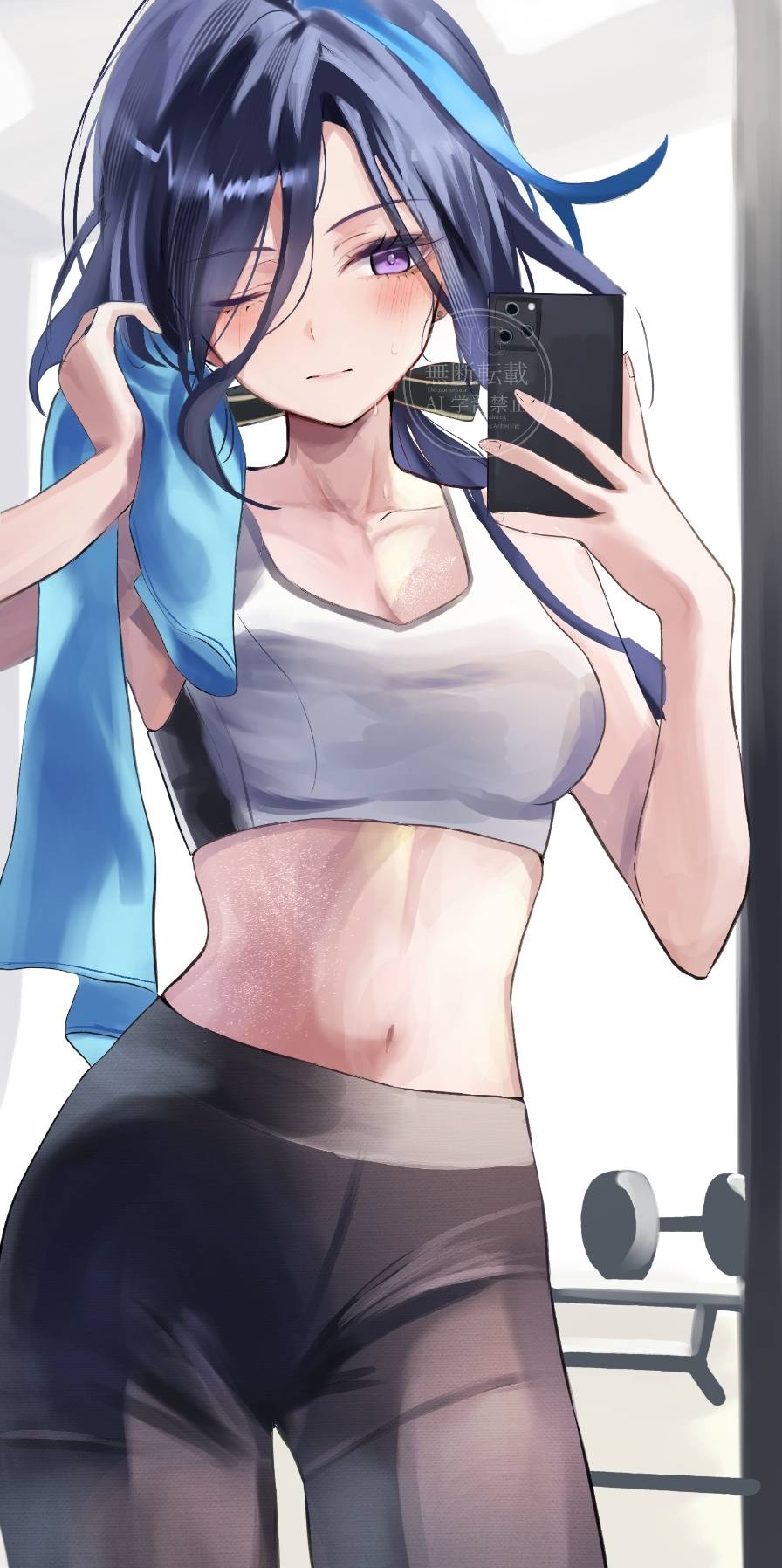 1girl bare_shoulders black_pants black_sports_bra blue_hair blush breasts cellphone cleavage clorinde_(genshin_impact) closed_mouth collarbone cowboy_shot eyelashes genshin_impact gym hands_up hashtag-only_commentary highres holding holding_phone holding_towel long_hair medium_breasts mirror_selfie multicolored_hair navel one_eye_closed pants phone purple_eyes riza_(tomoriza_25252) smartphone solo sports_bra stomach streaked_hair towel two-tone_sports_bra white_sports_bra yoga_pants