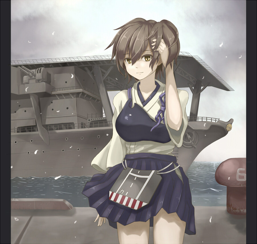 10s 1girl aircraft_carrier anti-aircraft anti-aircraft_gun blouse breasts brown_hair cherry_blossoms female_focus fiction_(artist) fiction_(forged) historical_name_connection japanese_clothes kaga_(aircraft_carrier) kaga_(kancolle) kantai_collection md5_mismatch military military_vehicle muneate name_connection personification petals resolution_mismatch ship shipyard shirt short_hair side_ponytail skirt smile solo source_larger vehicle_and_personification warship water watercraft