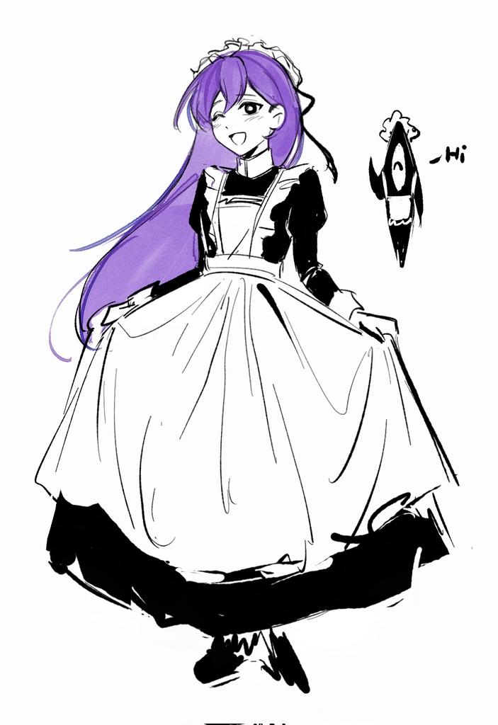 1girl alternate_costume black_eyes blush bright_pupils corrupted_twitter_file enmaided long_hair long_sleeves looking_at_viewer maid maid_headdress mari_(headspace)_(omori) mari_(omori) niu_tata omori open_mouth purple_hair simple_background smile solo something_(omori) spoilers white_background white_pupils