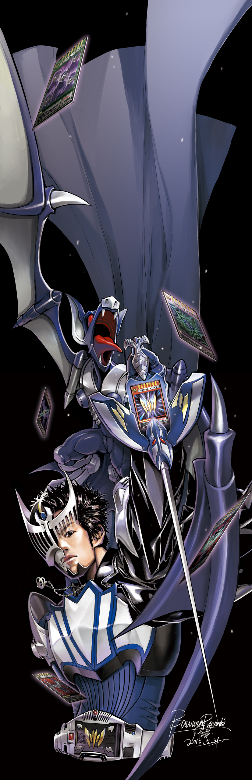 1boy absurdres akiyama_ren armor bat_(animal) bawang-ryuuzaki black_hair cape card contract_monster darkwing fangs highres holding holding_weapon jewelry kamen_rider kamen_rider_knight kamen_rider_ryuki_(series) looking_at_viewer necklace open_mouth red_eyes spiked_hair tokusatsu upper_body v_buckle weapon