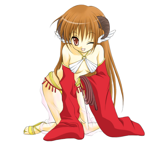 1girl 2000s_(style) :d bikini breasts brown_hair brown_horns commentary_request detached_sleeves feathered_wings full_body gypsy_(ragnarok_online) harem_pants head_wings horns kneeling looking_at_viewer medium_breasts one_eye_closed open_mouth orange_eyes pants ragnarok_online red_sleeves sandals see-through_clothes see-through_pants simple_background smile solo swimsuit white_background white_bikini white_wings wings yellow_sandals yuzu_tanuki