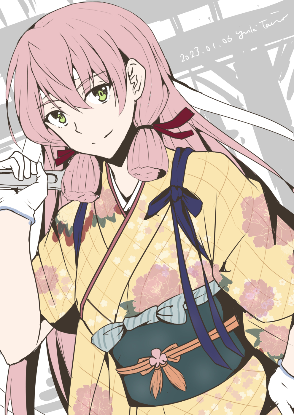 1girl akashi_(kancolle) akashi_(new_year)_(kancolle) alternate_costume blunt_tresses floral_print gloves green_eyes hair_ribbon highres japanese_clothes kantai_collection kimono long_hair official_alternate_costume one-hour_drawing_challenge pink_hair ribbon solo taira_yuuki tasuki tress_ribbon white_gloves wrench yellow_kimono