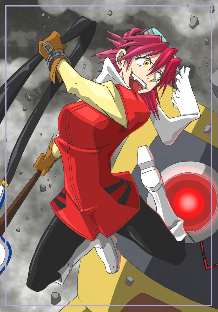 1girl amakarakuchi boots breasts brown_gloves commentary_request electric_guitar flcl gloves guitar haruhara_haruko highres holding holding_guitar holding_instrument holding_strap instrument latex medium_breasts purple_hair red_shirt scarf shirt short_hair smile solo tongue tongue_out white_boots white_scarf white_sleeves wrist_cuffs yellow_eyes