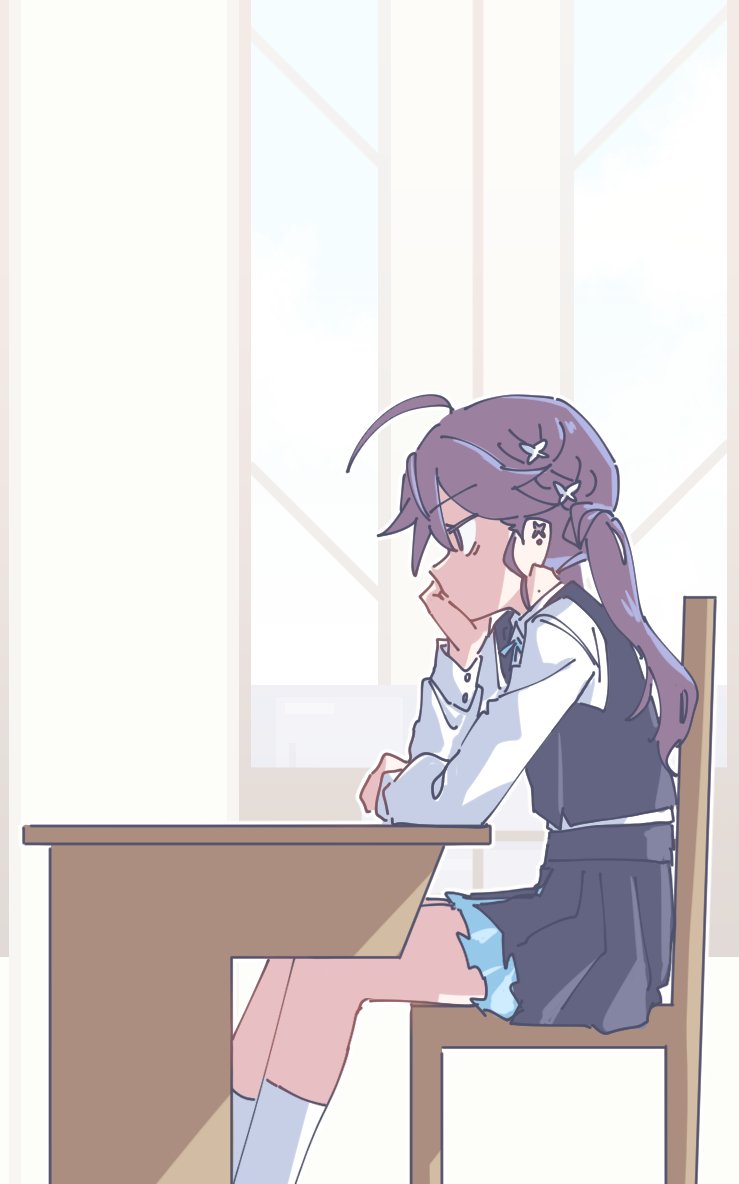 1girl ahoge arm_rest bags_under_eyes black_overskirt black_vest blue_ribbon blue_skirt braid butterfly_hair_ornament commentary_request ear_piercing expressionless gakuen_idolmaster hair_ornament hand_on_own_cheek hand_on_own_face head_rest idolmaster indoors kaya_rinha kneehighs long_hair long_sleeves looking_ahead mole mole_on_neck neck_ribbon on_chair piercing pleated_skirt profile ribbon seal_007 shirt sitting skirt skirt_set socks solo thai_commentary twintails vest white_shirt white_socks