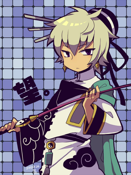 1boy black_eyes black_hat blue_background earrings expressionless hat holding holding_weapon japanese_clothes jewelry kotorai long_sleeves looking_at_viewer male_focus no_nose sengoku_musou short_hair solo taigong_wang_(musou_orochi) translation_request weapon white_hair wide_sleeves yin_yang