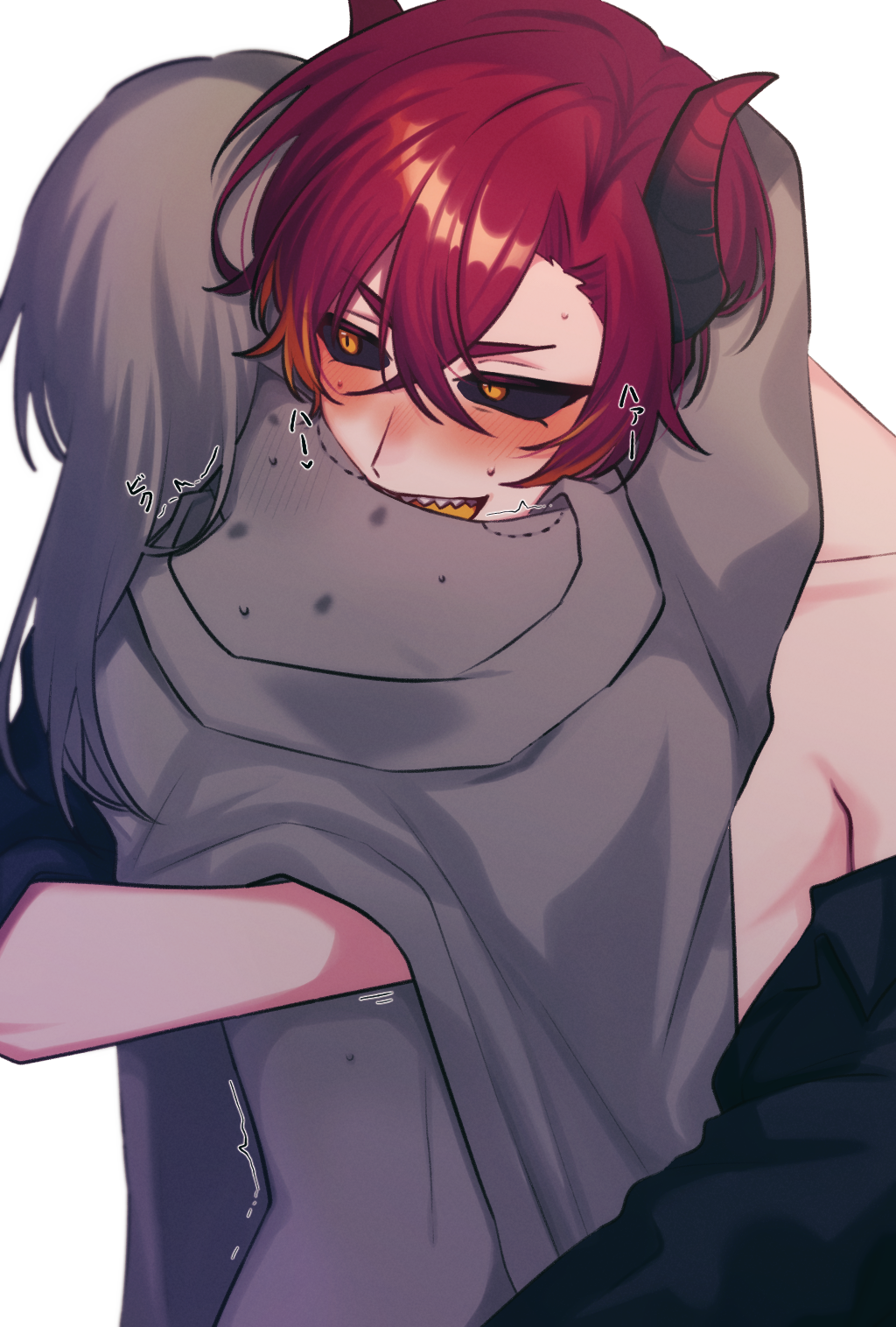 1boy 1girl bite_mark black_sclera colored_sclera commentary_request demon_boy demon_horns hand_under_clothes hetero hickey highres horns hug long_hair original red_hair sharp_teeth short_hair sibagon_58 simple_background teeth trembling yellow_eyes
