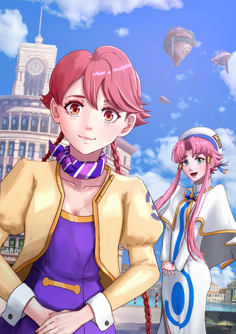 2girls android apocalypse_hotel aria_(manga) braid breasts brown_eyes capelet cleavage crossed_arms day dress floating_island green_eyes hat hotel juliet_sleeves long_hair long_sleeves looking_at_viewer mixed-language_commentary mizunashi_akari multiple_girls outdoors parted_bangs pink_hair puffy_sleeves small_breasts standing twin_braids twintails vanille_altzy white_capelet white_dress white_hat yachiyo_(apocalypse_hotel)