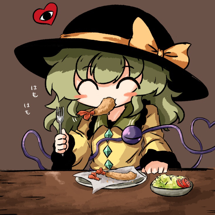 1girl ^_^ black_hat blouse blush_stickers bow brown_background buttons closed_eyes diamond_button eating eyeball food fork frilled_shirt_collar frilled_sleeves frills green_hair hand_on_table hat hat_bow hat_ribbon heart heart_of_string heripantomorrow holding holding_fork komeiji_koishi long_sleeves medium_hair plate ribbon salad shirt shrimp shrimp_tempura simple_background smile solo table tempura third_eye touhou upper_body wavy_hair wide_sleeves wooden_table yellow_bow yellow_ribbon yellow_shirt