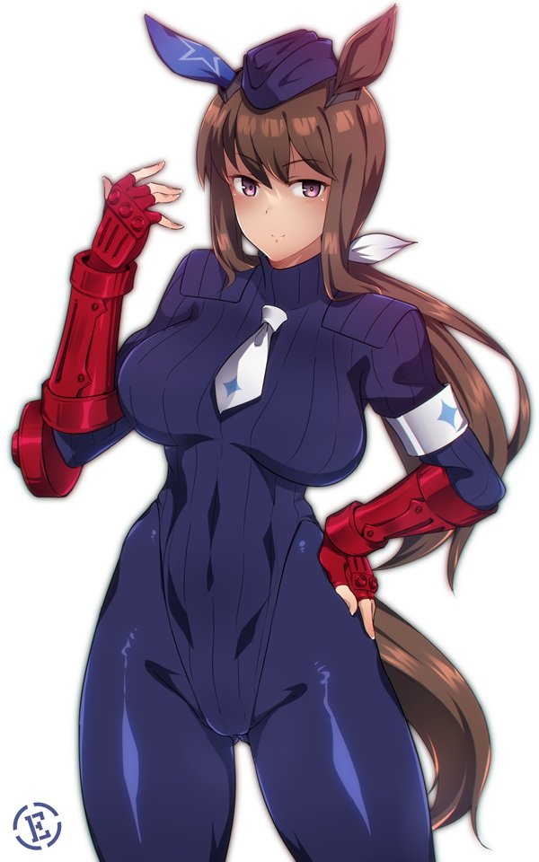 1girl admire_vega_(umamusume) animal_ears armband black_hat black_leotard black_pantyhose brown_hair commission cosplay ear_covers em_(totsuzen_no_hakike) fingerless_gloves garrison_cap gloves hat heattech_leotard highleg highleg_leotard horse_ears horse_girl horse_tail juni_(street_fighter) juni_(street_fighter)_(cosplay) leotard long_hair low_ponytail name_connection necktie pantyhose ponytail purple_eyes red_gloves shadaloo_dolls simple_background single_ear_cover skeb_commission solo standing street_fighter street_fighter_zero_(series) tail turtleneck white_background white_necktie