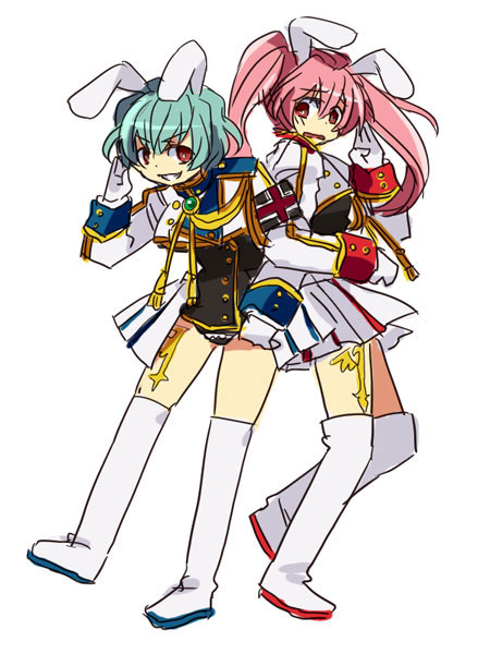07th_expansion 2girls animal_ears blue_hair boots rabbit_ears bunny_girl chiester410 chiester45 chiester_sisters em_crazy gloves grin multiple_girls no_naku_koro_ni_(series) pink_hair red_eyes salute showgirl_skirt smile tattoo thigh_boots thighhighs twintails umineko_no_naku_koro_ni uniform white_gloves