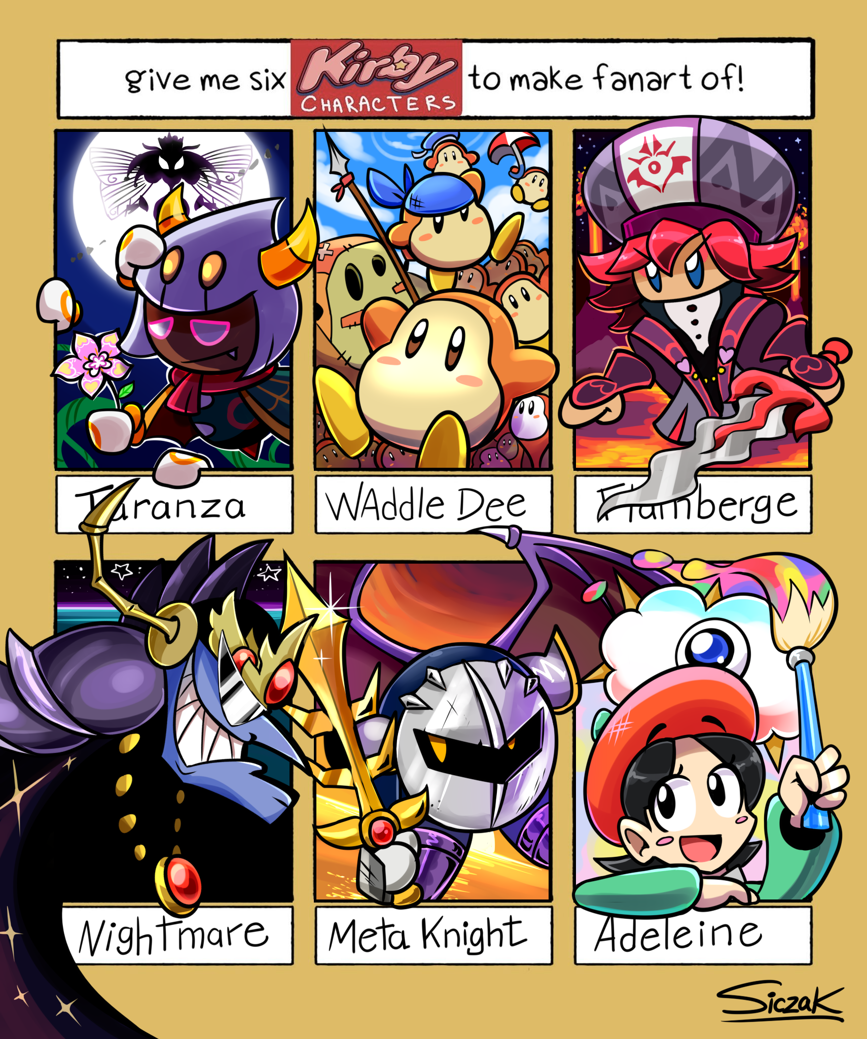 3girls adeleine armor bandana bandana_waddle_dee bat_wings beret black_hair blue_bandana blush_stickers flamberge_(kirby) flower galaxia_(sword) hat highres holding holding_flower holding_paintbrush holding_sword holding_weapon horns kirby's_adventure kirby_star_allies kirby:_triple_deluxe kirby_(series) kracko meta_knight multiple_drawing_challenge multiple_girls nightmare_(kirby) nintendo paintbrush pauldrons queen_sectonia red_hair sailor_hat sailor_waddle_dee sharp_teeth shoulder_armor siczak signature six_fanarts_challenge sunglasses sword taranza teeth waddle_dee wapod weapon wings yellow_eyes
