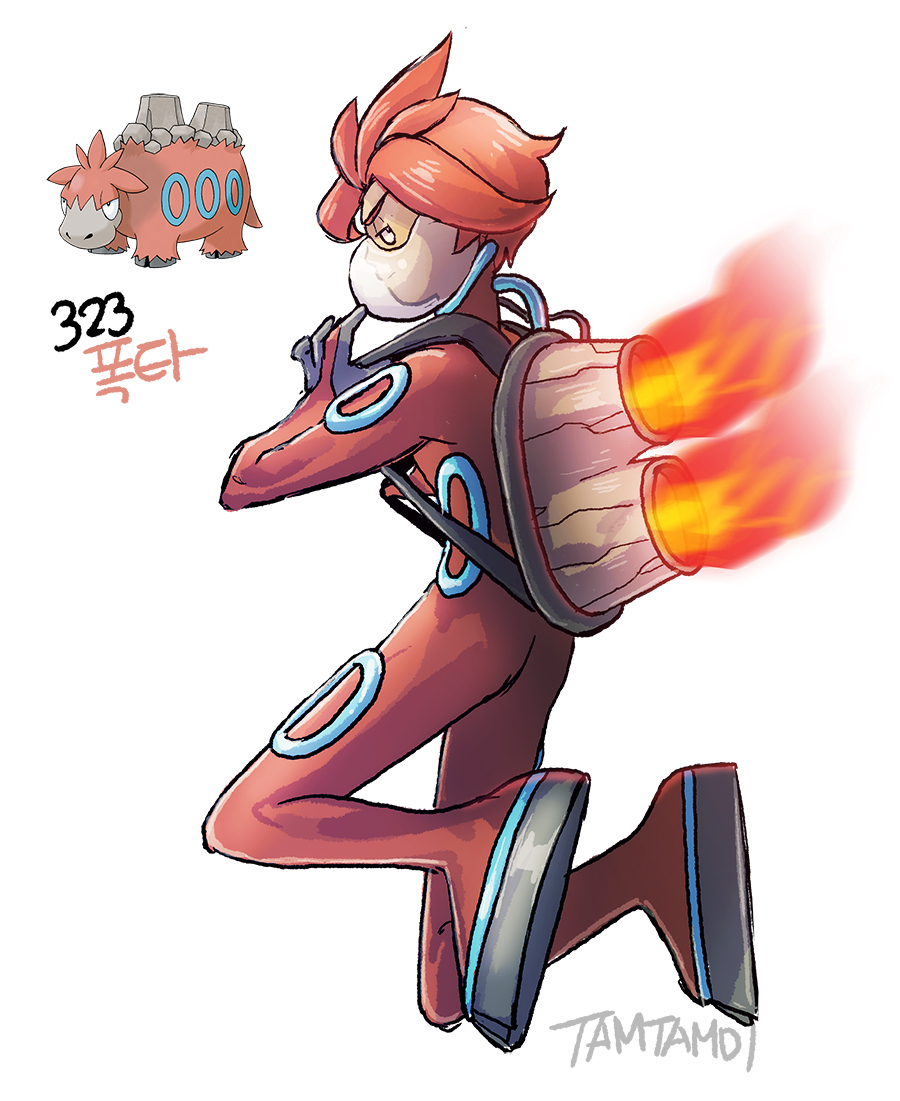1boy bodysuit camerupt closed_mouth commentary fire full_body gen_3_pokemon half-closed_eyes jetpack male_focus mask nintendo personification pokemon pokemon_(creature) red_bodysuit red_hair reference_inset short_hair signature simple_background tamtamdi translated white_background