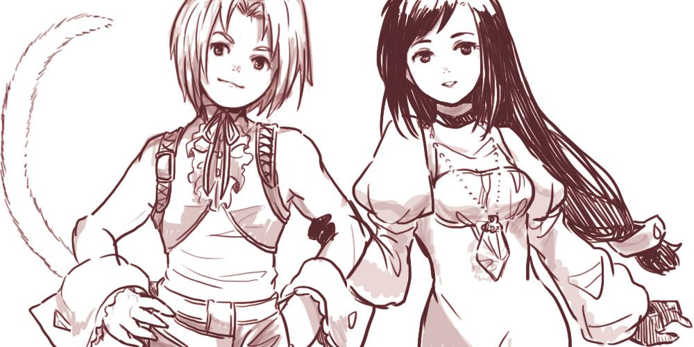 1boy 1girl bodysuit breasts closed_mouth final_fantasy final_fantasy_ix garnet_til_alexandros_xvii gloves jewelry long_hair looking_at_viewer ma-hain-scarlet monochrome necklace simple_background smile tail white_background zidane_tribal