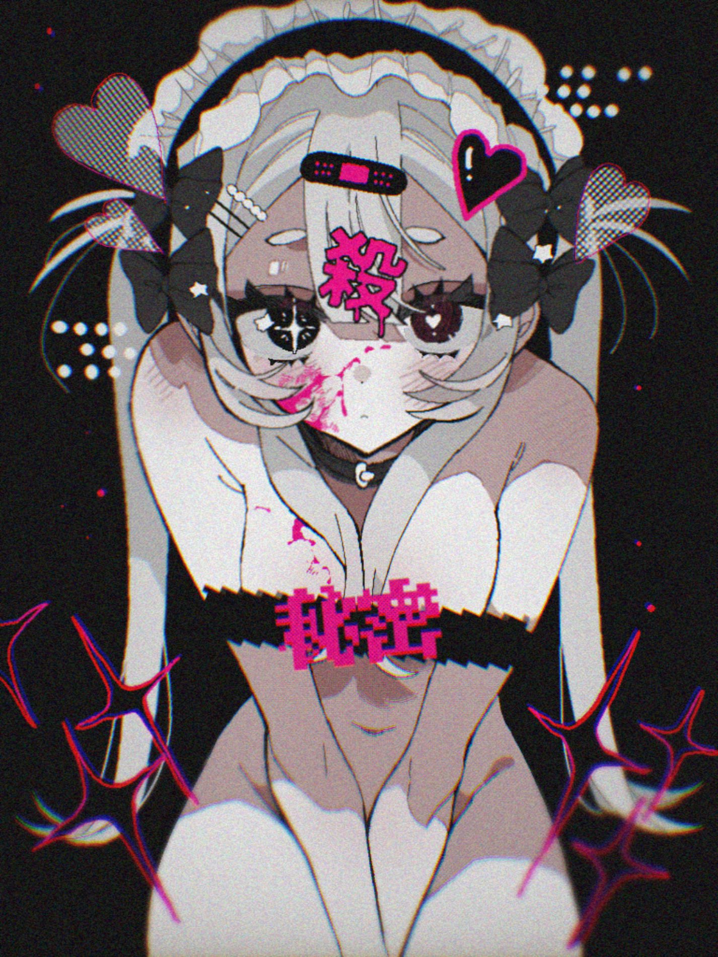 1girl armpit_crease bandaid bandaid_hair_ornament bar_censor between_legs black_background black_bow black_eyes blood blood_on_breasts blood_on_face blush bow breasts breasts_squeezed_together bright_pupils censored closed_mouth commentary cowboy_shot frilled_hairband frills grey_hair hair_between_breasts hair_bow hair_ornament hairband hairclip hand_between_legs heart heart-shaped_pupils heart_hair_ornament highres kanji_hair_ornament limited_palette long_hair looking_at_viewer mismatched_pupils navel nude original pink_blood pixelated short_eyebrows simple_background solo sparkle sparkling_aura sparkling_eyes straight-on symbol-only_commentary symbol-shaped_pupils tabun_ningen twintails very_long_hair