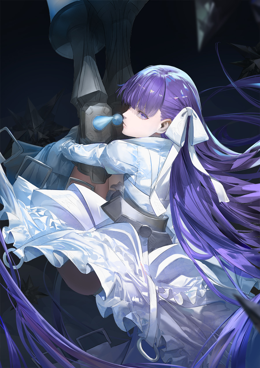 1girl armored_boots blazpu blue_eyes blue_ribbon boots breasts cropped_jacket fate/extra fate/extra_ccc fate_(series) hair_ribbon highres long_hair long_sleeves looking_at_viewer looking_back meltryllis_(fate) meltryllis_(third_ascension)_(fate) prosthesis prosthetic_leg purple_hair ribbon sleeves_past_fingers sleeves_past_wrists small_breasts solo very_long_hair