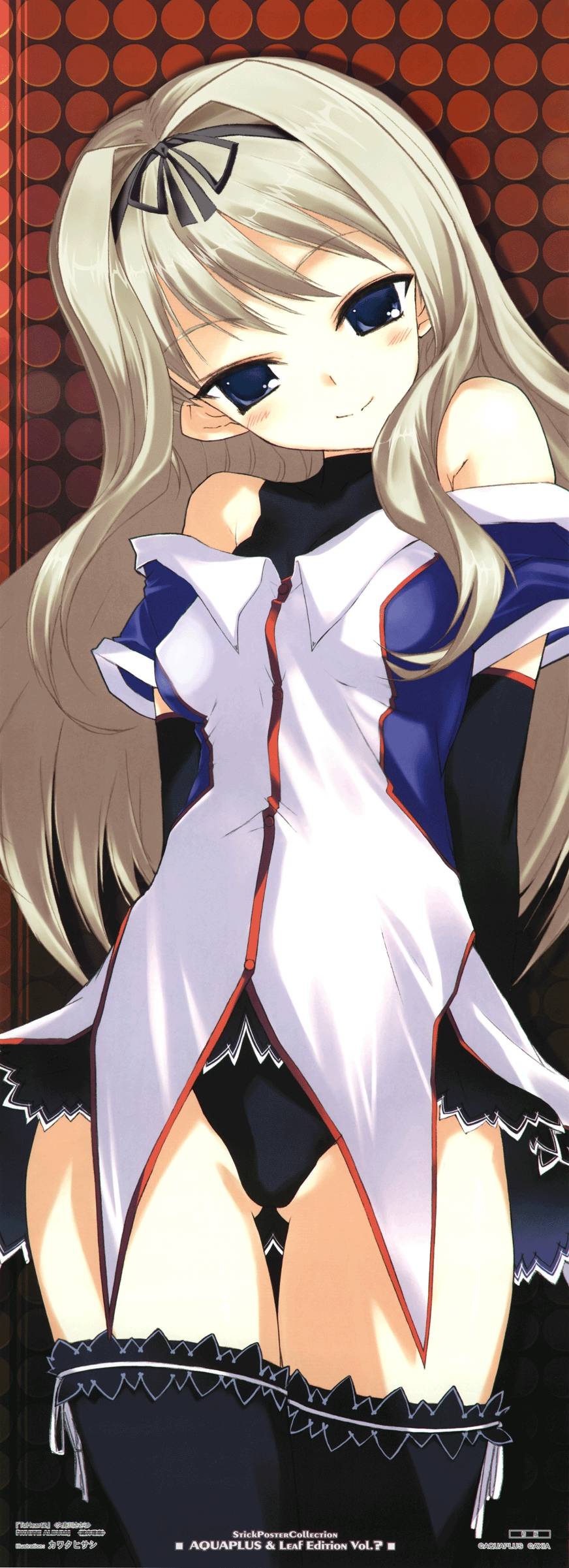 1girl absurdres blonde_hair blue_eyes company_connection cosplay creator_connection female_focus highres kawata_hisashi kusugawa_sasara leaf_(studio) long_hair long_image ogata_rina ogata_rina_(cosplay) solo stick_poster tall_image thighhighs to_heart_(series) to_heart_2 white_album white_album_(series)