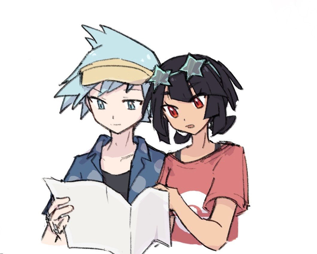 1boy 1girl black_hair blue_eyes blue_hair collarbone cropped_torso looking_at_map map_(object) nintendo official_alternate_costume pokemon pokemon_masters_ex pokemon_oras red_eyes red_shirt shirt simple_background steven_stone steven_stone_(summer_2020) visor_cap white_background xlii_idk zinnia_(pokemon)