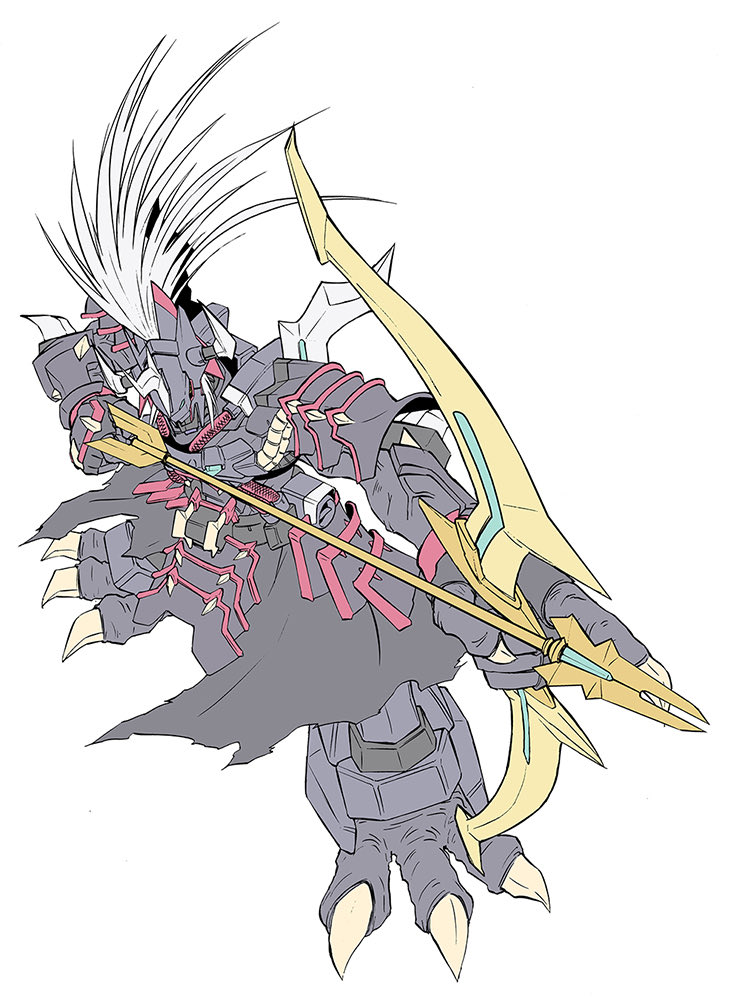 armor arrow_(projectile) as&#039;maria black_armor black_helmet black_skin bow_(weapon) colored_skin digimon digimon_(creature) dragon full_body gaioumon helmet holding holding_arrow holding_bow_(weapon) holding_weapon horns ponytail simple_background weapon white_background white_hair