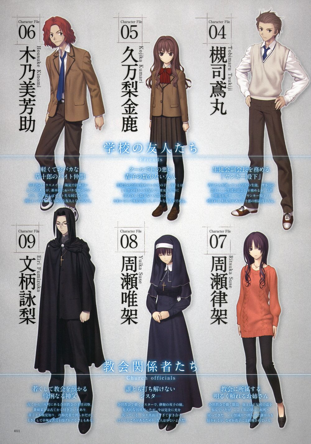 3boys 3girls aran_sweater black_hair blazer brown_hair cable_knit character_name cross dress fumizuka_eiri glasses habit highres jacket kinomi_housuke koyama_hirokazu kumari_kojika long_hair mahou_tsukai_no_yoru multiple_boys multiple_girls necktie nun official_art pantyhose priest red_hair school_uniform suse_ritsuka suse_yuika sweater sweater_dress sweater_vest tsukiji_tobimaru