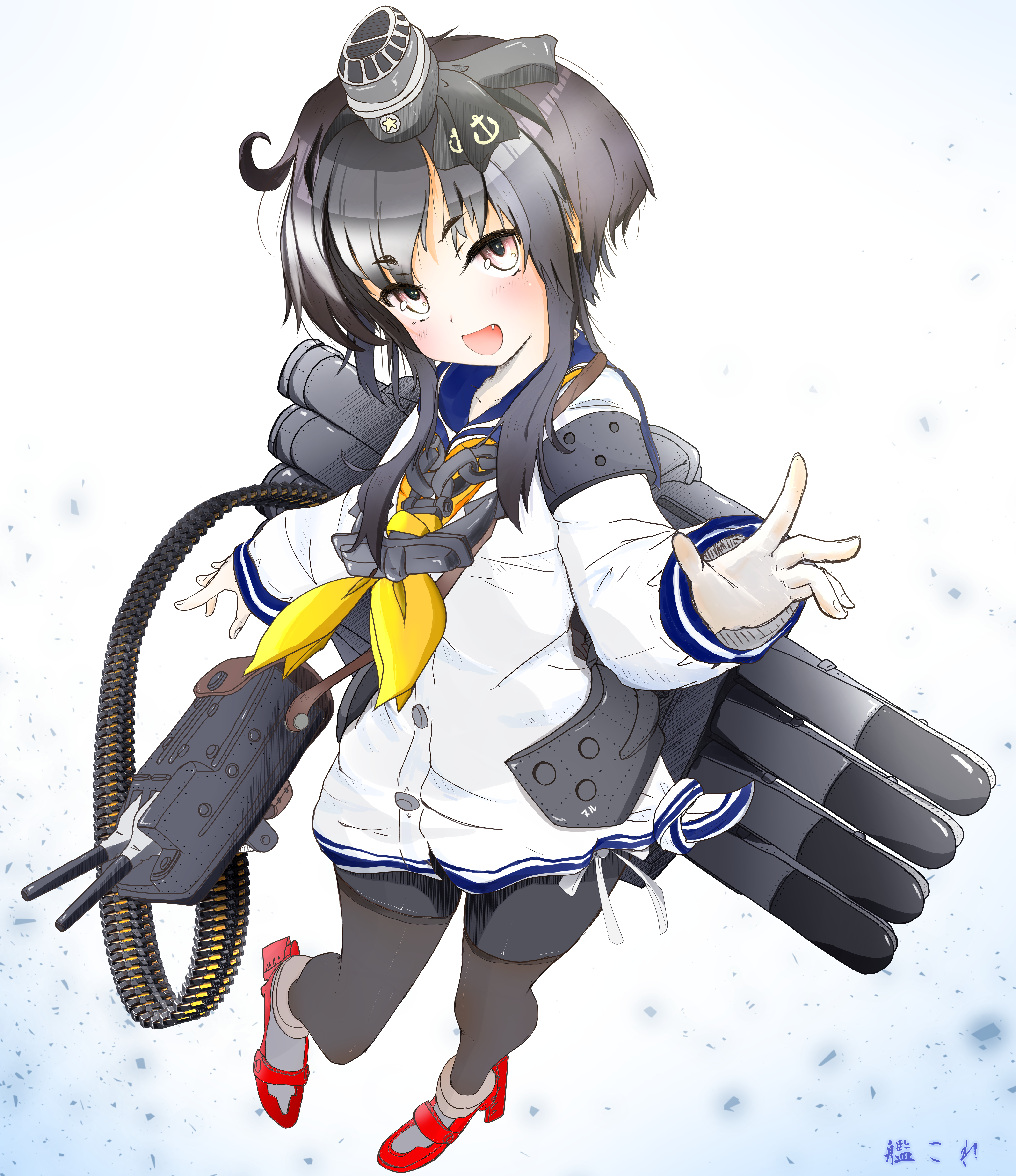 1girl absurdres ahoge anchor_choker belt black_hair black_pantyhose blue_sailor_collar fangs from_above full_body grey_footwear grey_hair gunbelt hachimaki headband highres kantai_collection multicolored_hair neckerchief nuru_(artist) open_mouth panties pantyhose red_footwear sailor_collar school_uniform serafuku ship_turret short_hair simple_background smile solo striped_clothes striped_panties tokitsukaze_(kancolle) torpedo_tubes two-tone_hair underwear white_panties white_serafuku yellow_eyes yellow_neckerchief