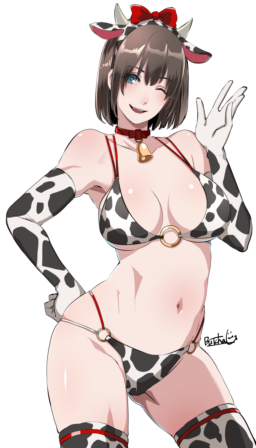 1girl alternate_hairstyle animal_print artist_name bikini blue_eyes breasts brown_hair butcha-u cow_horns cow_print cow_print_bikini dead_or_alive dead_or_alive_xtreme_venus_vacation hand_on_own_hip hand_up highres hitomi_(doa) horns large_breasts navel official_alternate_hairstyle one_eye_closed open_mouth print_bikini short_hair smile solo swimsuit white_background