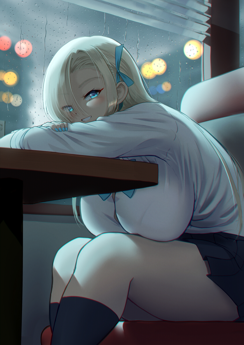 1girl arm_rest asuna_(blue_archive) asymmetrical_bangs blonde_hair blue_archive blue_eyes blue_nails blue_ribbon blurry blurry_background blush bow bowtie bralines breast_rest breasts button_gap diner from_below grin hair_behind_ear hair_over_one_eye hair_ribbon hanging_breasts head_rest huge_breasts indoors kneehighs large_breasts leaning_forward leaning_on_table long_hair long_sleeves looking_at_viewer maku_ro miniskirt night rain ribbon school_uniform shirt shirt_tucked_in sitting skirt smile socks solo thighs very_long_hair white_shirt window
