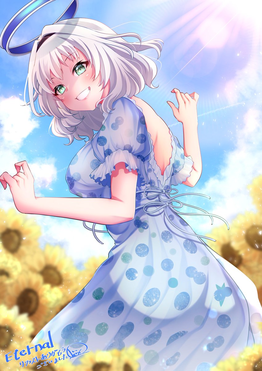 1girl breasts commission dress flower from_behind green_eyes halo hero_(10cl3) highres kamishiro_rita large_breasts mechanical_halo prism_project puffy_short_sleeves puffy_sleeves second-party_source short_hair short_sleeves skeb_commission smile solo sunflower sunlight virtual_youtuber white_hair