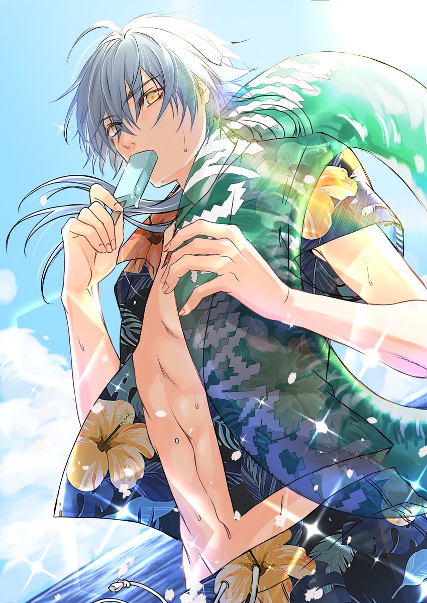 1boy arm_up blue_hair cloud cowboy_shot dramatical_murder drawstring dutch_angle floating_hair food green_innertube groin hair_between_eyes hawaiian_shirt highres holding holding_food holding_ice_cream holding_swim_ring ice_cream innertube looking_at_viewer male_focus male_swimwear mogitatedmmd navel ocean open_clothes open_shirt print_male_swimwear seragaki_aoba shirt short_hair_with_long_locks short_sleeves sky solo sparkle summer sweat sweatdrop swim_ring swim_trunks toned toned_male water water_drop yellow_eyes