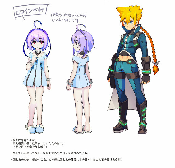 1boy 1girl ahoge antenna_hair azure_striker_gunvolt azure_striker_gunvolt_1 blonde_hair blue_coat blue_dress blue_eyes blue_pants braid braided_ponytail coat concept_art dress full_body green_eyes gunvolt hatakeyama_yoshitaka joule_(gunvolt) long_hair navel official_art pants red_eyes reference_sheet short_hair simple_background white_background