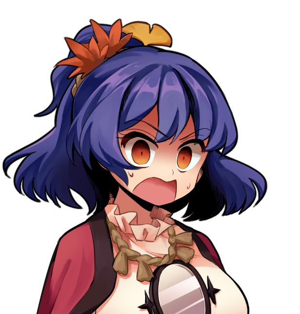 1girl alternate_costume antinomy_of_common_flowers blue_hair eyebrows hair_ornament harukawa_moe_(style) keiko_(emoticon) leaf leaf_hair_ornament leaf_on_head mirror orange_eyes short_hair solo surprised sweat sweatdrop touhou yasaka_kanako