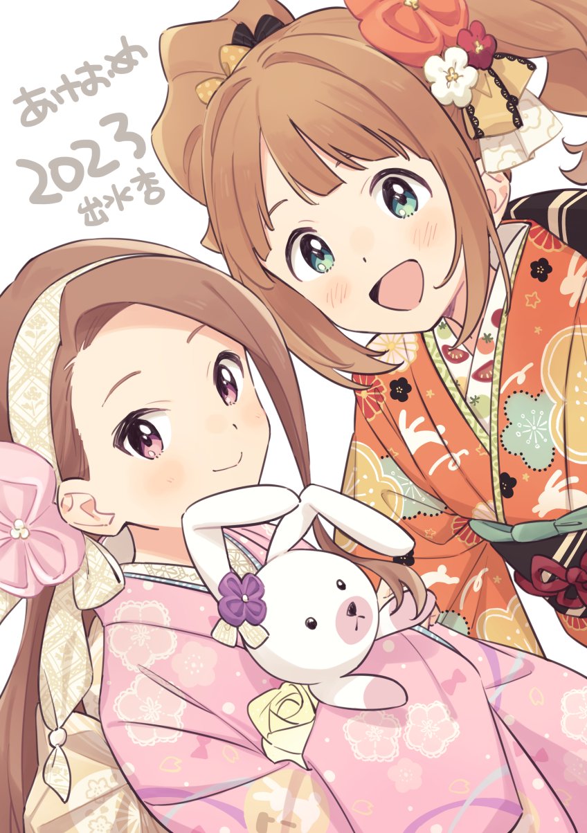 2023 2girls artist_name black_ribbon blush bow breasts brown_hair closed_mouth commentary_request demirinz dot_nose dutch_angle flower green_eyes hairband happy_new_year highres holding holding_stuffed_toy idolmaster idolmaster_(classic) idolmaster_million_live! idolmaster_million_live!_theater_days japanese_clothes kimono long_hair long_sleeves looking_at_viewer minase_iori multiple_girls new_year obi obiage obijime open_mouth orange_bow orange_flower orange_kimono orange_ribbon pink_bow pink_eyes pink_flower pink_kimono plum_blossom_print polka_dot polka_dot_ribbon print_kimono red_flower ribbon sash simple_background small_breasts smile stuffed_animal stuffed_rabbit stuffed_toy takatsuki_yayoi twintails upper_body usa-chan_(idolmaster) white_background white_flower white_ribbon wide_sleeves yellow_bow yellow_hairband