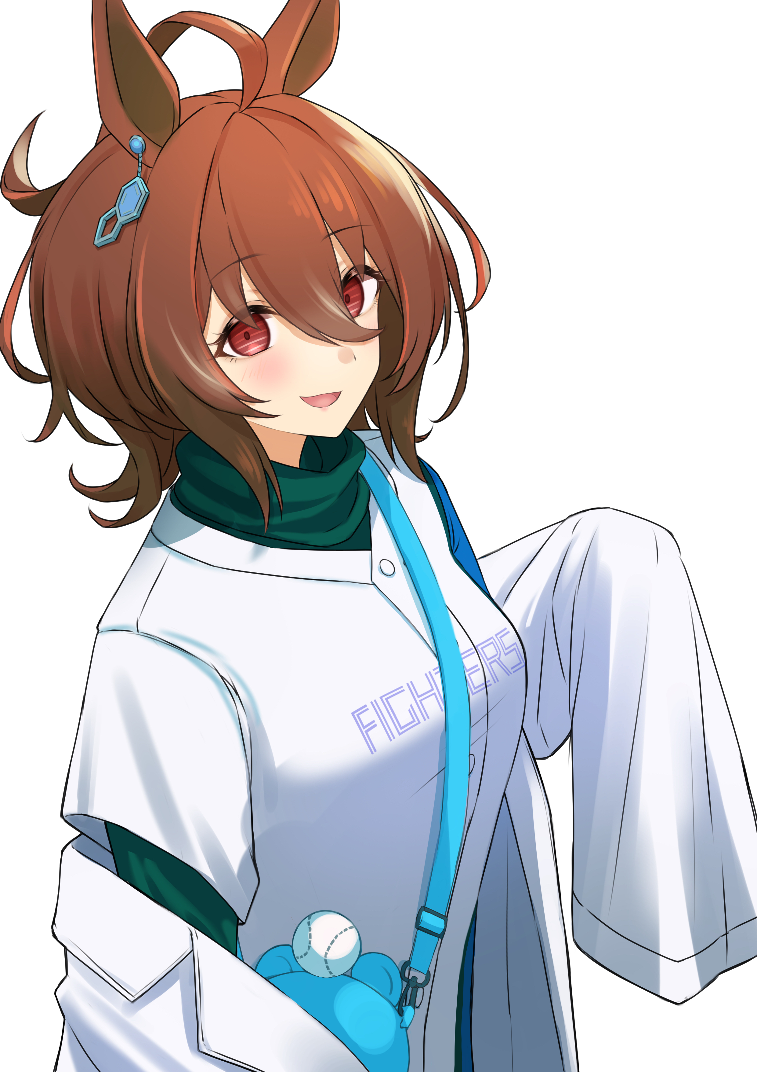 1girl absurdres agnes_tachyon_(umamusume) ahoge animal_bag animal_ears bag baseball bear_bag blue_bag blue_shirt brown_hair buttons commentary earrings green_shirt hair_between_eyes highres hokkaido_nippon-ham_fighters horse_ears horse_girl jewelry lab_coat light_blush long_sleeves looking_at_viewer medium_hair messy_hair multicolored_shirt nippon_professional_baseball off_shoulder official_alternate_costume open_mouth shirt short_sleeves shoulder_bag sidelocks simple_background single_earring sleeves_past_fingers sleeves_past_wrists solo turtleneck umamusume upper_body very_long_sleeves white_background wide_sleeves yuuki_(yu-ki0701)