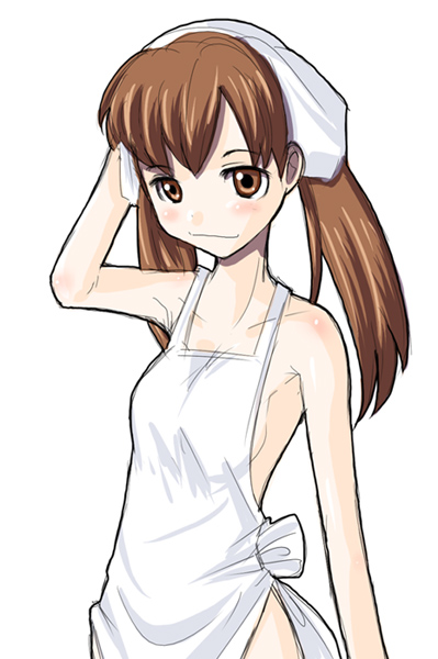 00s 1girl apron blush breasts brown_eyes brown_hair enokids female_focus medium_breasts muteki_kanban_musume naked_apron onimaru_miki sideboob solo